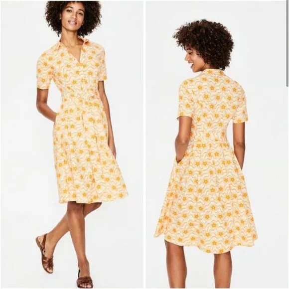 boden anastasia shirt dress Boden Anastasia Shirt Dress Size 12R Lemon Print Button Front Tie Waist Pockets